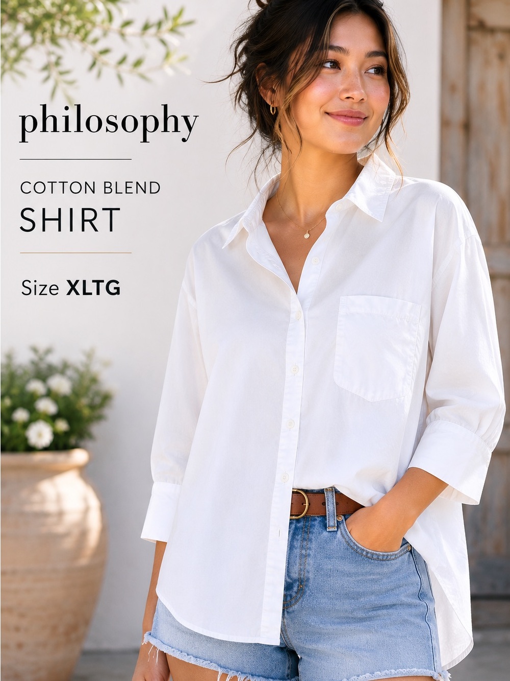 Philosophy White Cotton Blend Button Front Shirt XLTG Loose Fit 3/4 Sleeve